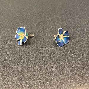 Blue hibiscus flower earrings